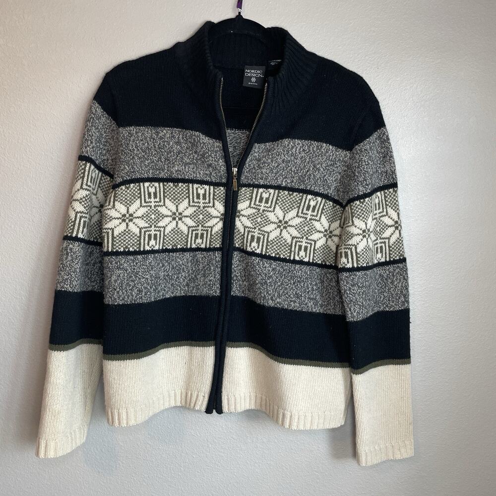 Nordic Design 100 % Lambswool Sweater Women Petite Medium Cardigan Zip Fair Isle